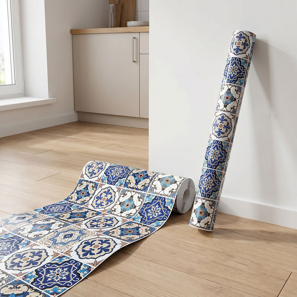 Kitchen Queen - Niebiesko-brązowa hiszpańska tapeta Talavera, samoprzylepna tapeta